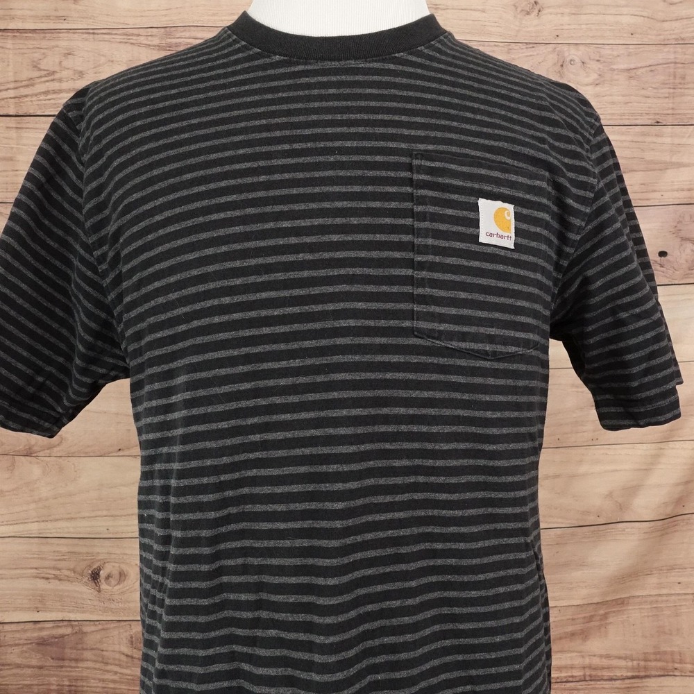 Carhartt Shirt Mens L Black Striped Pocket Crewneck Tagless K87 Tee T-Shirt